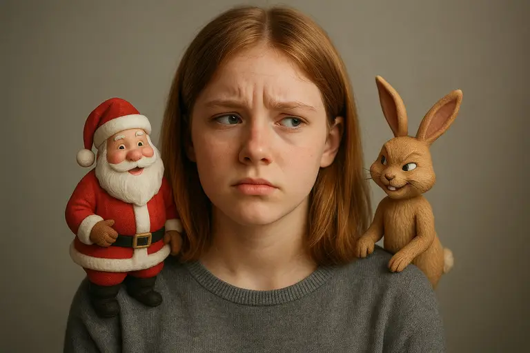 Girl has Santa on one Shoulder and the Easter Bunny on the other