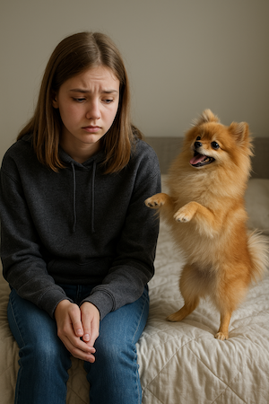 Young teen and her dog on her bed