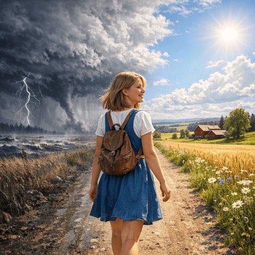 The teen girl walks down a country road. It is sunny on her right, and it's raining on her left. She chooses to focus her mind on the sunshine.