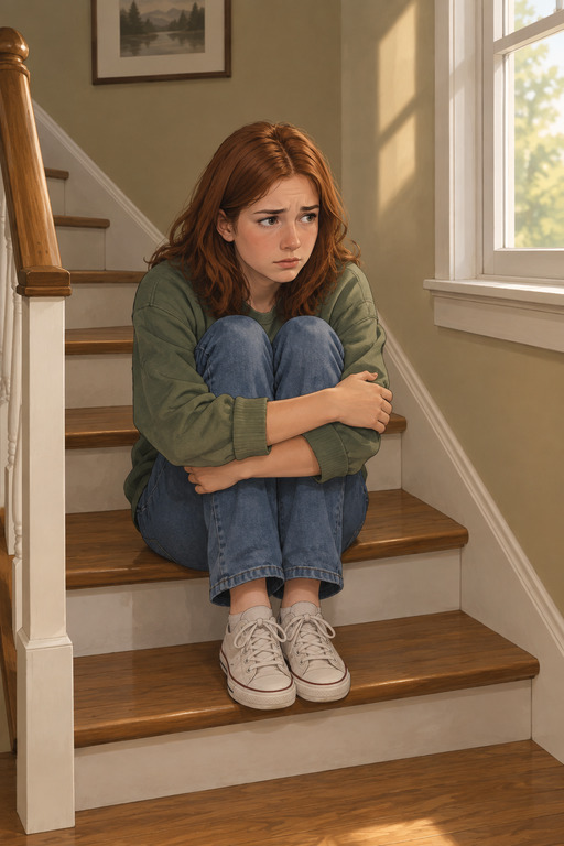 Illustration of a teen girl sitting on the stairs, arms wrapped around her knees, gazing out the window